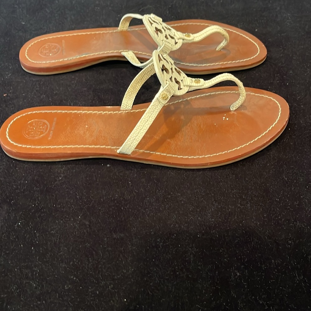 Tory Burch Brown Leather Sandals with Cream Braided Straps - Picture 2 of 5